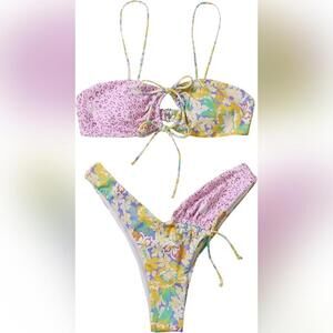 NWT Soly Hux 2 Piece Floral Print Tie High Cut Bikini Swimsuit, XS